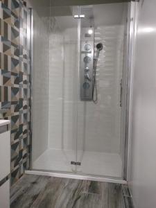 a shower with a glass door in a bathroom at La casa di Ali in Torre Maggiore
