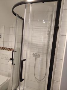 La salle de bains est pourvue d'une douche avec une porte en verre. dans l'établissement Bieszczadzki Zakątek 787-899-185, à Bukowiec