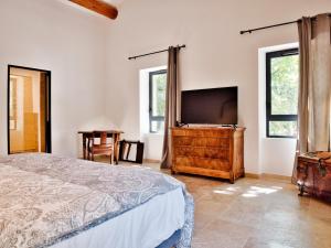 Schlafzimmer mit einem Bett, einem TV und Fenstern in der Unterkunft La bambouseraie de sulauze in Miramas