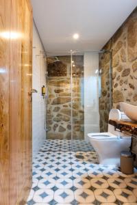 uma casa de banho com um WC e uma cabina de duche em vidro. em Feel Discovery Casa da Pedra em Arouca