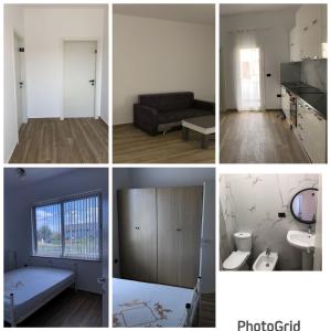 four different photos of a room with a couch and a room with aktop at Ornela Apartments in Durrës +27 photos