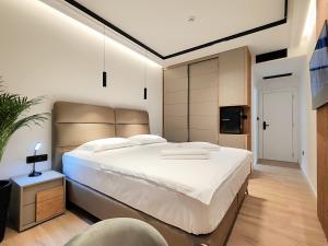een slaapkamer met een groot bed en een televisie bij AMD Premium rooms Budva in Budva