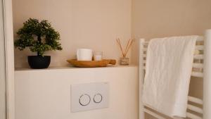 uma casa de banho com uma prateleira com toalhas e uma planta em Studio Apartment Massena Nice! Free Breakfast! em Nice