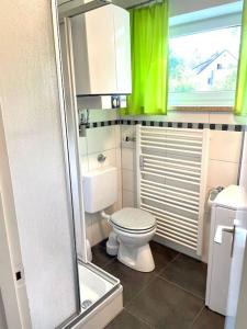 ein Badezimmer mit einem WC und einem grünen Vorhang in der Unterkunft suite42 mit Seeblick nur 400m zum See in Herrsching am Ammersee