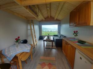 een keuken en een woonkamer met een loft bij small camping cabbin with shared bathroom and kitchen near by in Hattfjelldal