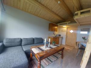 sala de estar con sofá y mesa en small camping cabbin with shared bathroom and kitchen near by, en Hattfjelldal