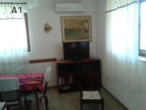 a living room with a tv and a table with chairs at Apartments Belvedere - A1 in Nečujam