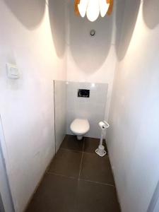 d'une petite salle de bains avec toilettes d'angle. dans l'établissement Maison avec terrasse - 12 personnes, à Saint-Yan