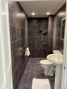 a bathroom with a toilet and a sink at The Long House in Flax Bourton