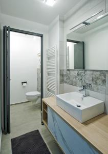 a bathroom with a sink and a toilet and a mirror at Como per Voi in Como