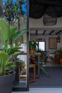 a room with potted plants and a table at Hostal Boutique Es Menut in Tossa de Mar