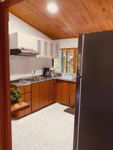 uma cozinha com armários de madeira e um frigorífico de aço inoxidável em GatoPardo em Montenegro