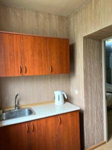 a kitchen with a sink and wooden cabinets at ARTSIV Guesthouse in Dilijan