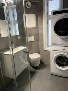 a bathroom with a toilet and a washing machine at Cozy and light apartment. in Bergen