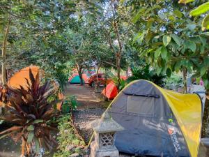 uma tenda azul e amarela no meio das árvores em Gecko Tropical inn em Gerung