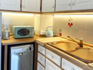 een keuken met een wastafel en een magnetron bij Montinelle Apartament in Manerba del Garda