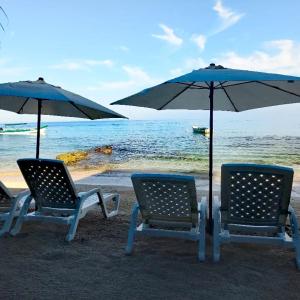 duas cadeiras e um guarda-sol numa praia em Playa Tortuga Cabaña em Playa Blanca