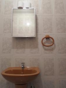 baño con lavabo y espejo en la pared en Sonja's Almhutte, en Campos do Jordão