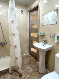 a bathroom with a shower and a sink and a toilet at ARTSIV Guesthouse in Dilijan