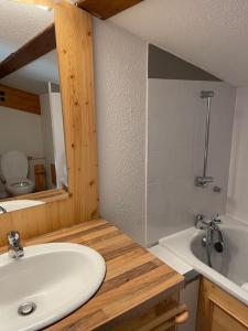 a bathroom with a sink and a tub and a toilet at Duplex « les 7 Marmottes », Les Balcons de Recoin in Chamrousse