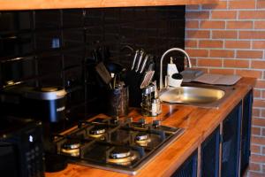 a kitchen counter with a stove and a sink at Brand New Gorgeous Industrial Loft in Downtown Ens in Ensenada