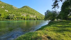 a river next to a grassy field next to a mountain at Holiday Home Natura with private pool in Mostar