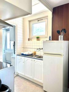 eine Küche mit einem weißen Kühlschrank und einer Spüle in der Unterkunft Au bord de la Furieuse, proche de la Grande Saline et des Thermes de Salins-les-Bains in Salins-les-Bains