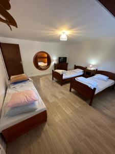 a room with two beds and a mirror at Villa Janchrisma MontDore 11pers in Le Mont-Dore