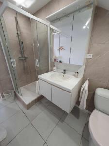 ein weißes Bad mit einem Waschbecken und einer Dusche in der Unterkunft Le Duplex - La Capelette de Dany.D in Étroeungt
