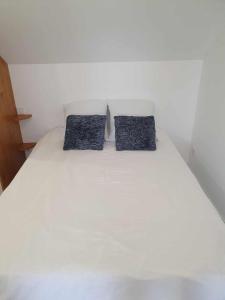 ein weißes Bett mit zwei blauen Kissen darauf in der Unterkunft Le Duplex - La Capelette de Dany.D in Étroeungt