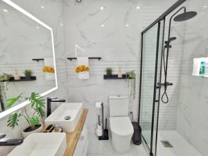 Un baño con ducha, inodoro y lavabo. en Casa Higuera, en Nerja 25 fotos más