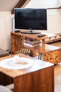 Televízia a/alebo spoločenská miestnosť v ubytovaní Podkrovní apartmán s výhledem na náměstí