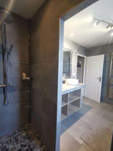 a bathroom with a sink and a shower with a mirror at La Panacée in Juvignac