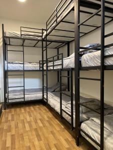 three bunk beds in a room with a wooden floor at Hostel Bear Hug in Plav