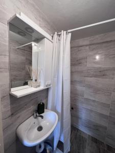 uma casa de banho com um lavatório branco e um espelho. em Hostel Bear Hug em Plav
