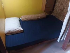a small bed in a room with a blue bedsheet at Chiangmai Delight Hostel in Chiang Mai