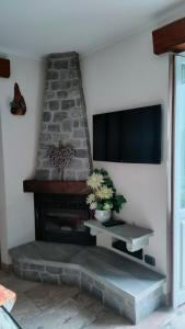 sala de estar con chimenea y TV de pantalla plana en Mansarda Monte Bianco, en La Salle