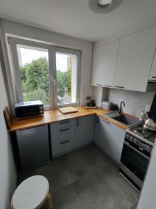 kuchnia z białymi szafkami, umywalką i oknem w obiekcie Płyta 129 w mieście Gdynia