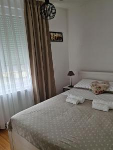 sypialnia z 2 łóżkami i oknem w obiekcie Apartment Rose w mieście Sesvete
