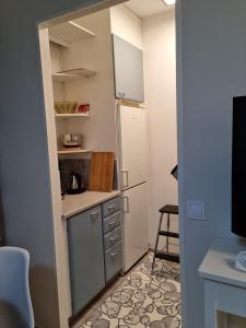 eine kleine Küche mit Spüle und Kühlschrank in der Unterkunft Kompakti yksiö pienkerrostalossa in Pori