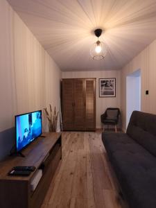 uma sala de estar com uma televisão e um sofá em My Lake Apartamenty em Ełk