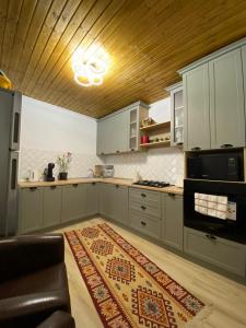 Di &D House #rai في Băniţa: مطبخ مع خزائن زرقاء وسجادة على الأرض
