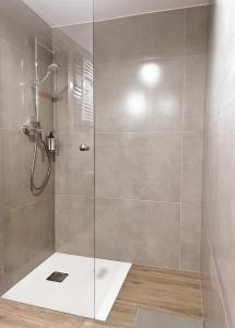 a shower with a glass door in a bathroom at Wygodne Pokoje H114 in Gliwice