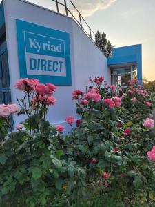 a sign for a hyundai direct store with pink flowers at KYRIAD DIRECT LYON NORD - Dardilly in Dardilly