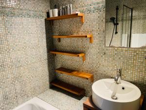 ein Bad mit einem Waschbecken und einem Spiegel in der Unterkunft Magnifique appartement au rdc dans une maison de maître avec cour extérieure in Lüttich