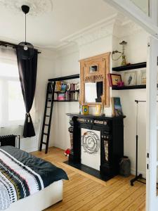 ein Schlafzimmer mit einem Bett und einem Kamin in der Unterkunft Magnifique appartement au rdc dans une maison de maître avec cour extérieure in Lüttich