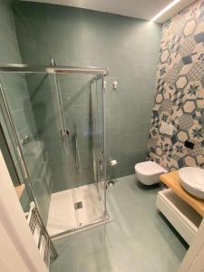 a bathroom with a shower and a toilet at Villa Palladino B&B in Santo Spirito