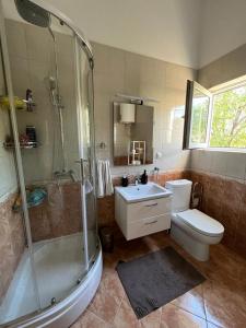 a bathroom with a shower and a toilet and a sink at Apartments Majić in Kaštela