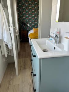 uma casa de banho com um lavatório, um espelho e uma cama em Grande maison à deux pas de la mer em Bray-Dunes
