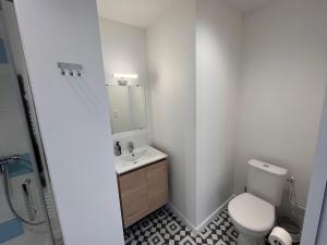 Un baño con un inodoro blanco y un lavabo. en Studio récent, entièrement équipé, proche Chantiers et Airbus, en Saint-Nazaire